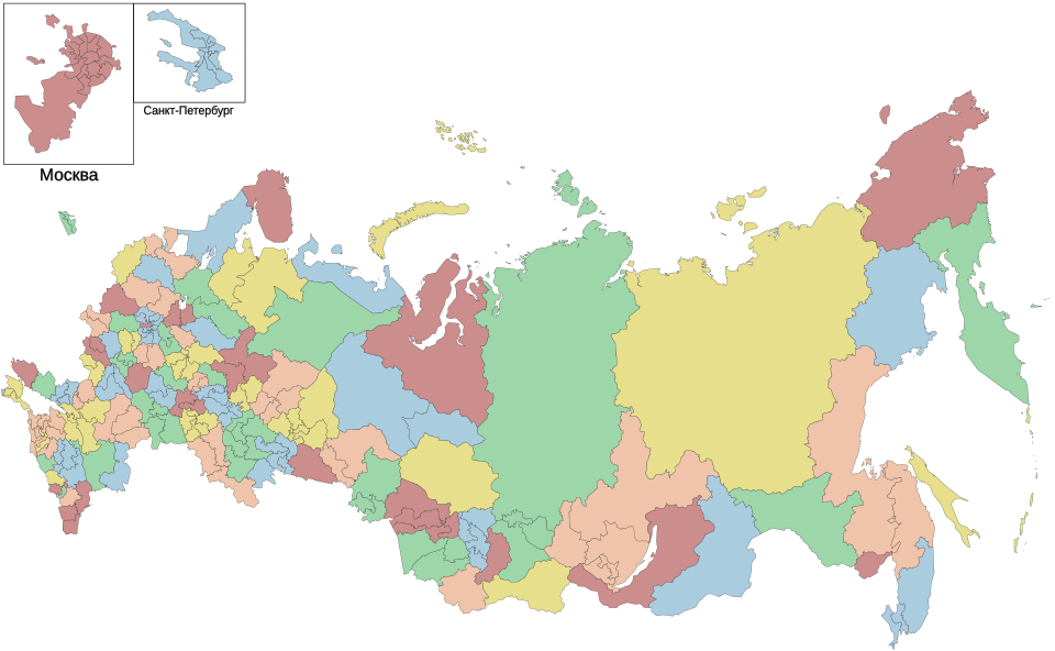 Map of the Russian Federation divided into 225 single-member constituencies.
